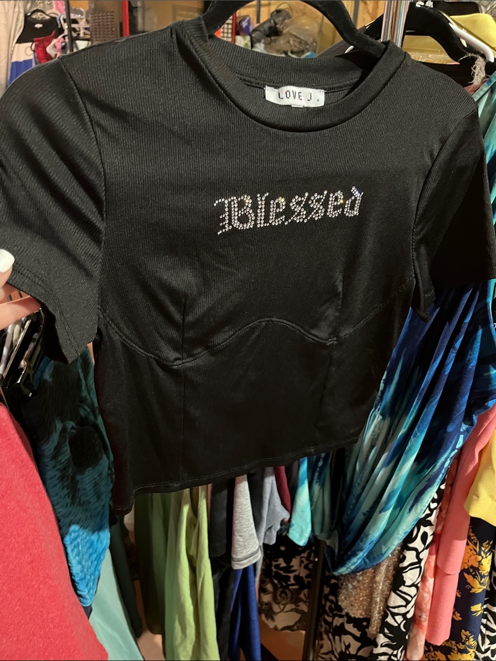love J Black Crop Top with Rhinestone "Blessed"